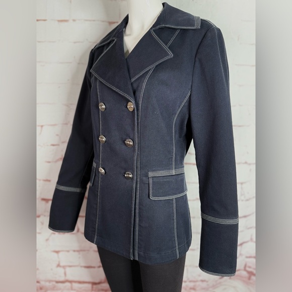 ST. JOHN Sport M Nautical Double Breasted Navy Cotton Blend Blazer Silver Button - Picture 2 of 14